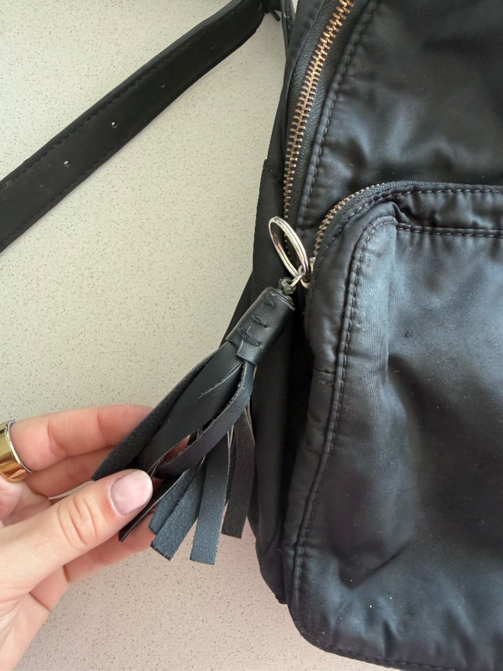Black Nylon Mini Backpack | Gold Hardware 2 Pocket Backpack - Picture 4 of 9